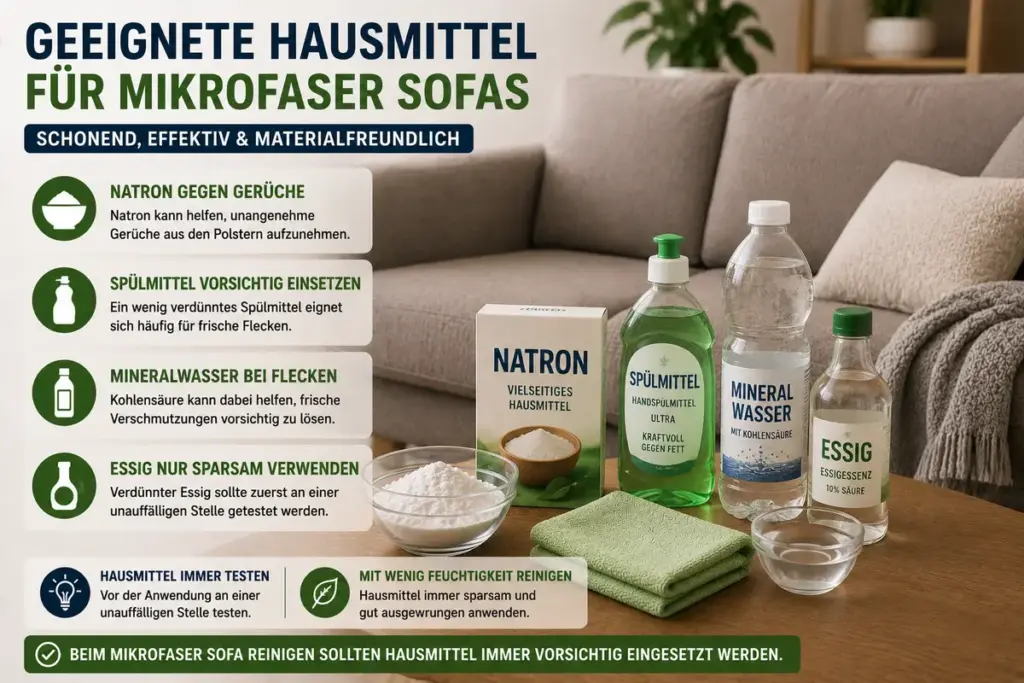 Mikrofaser Sofa reinigen mit Natron, Spülmittel und Mineralwasser neben einem Mikrofaser Sofa