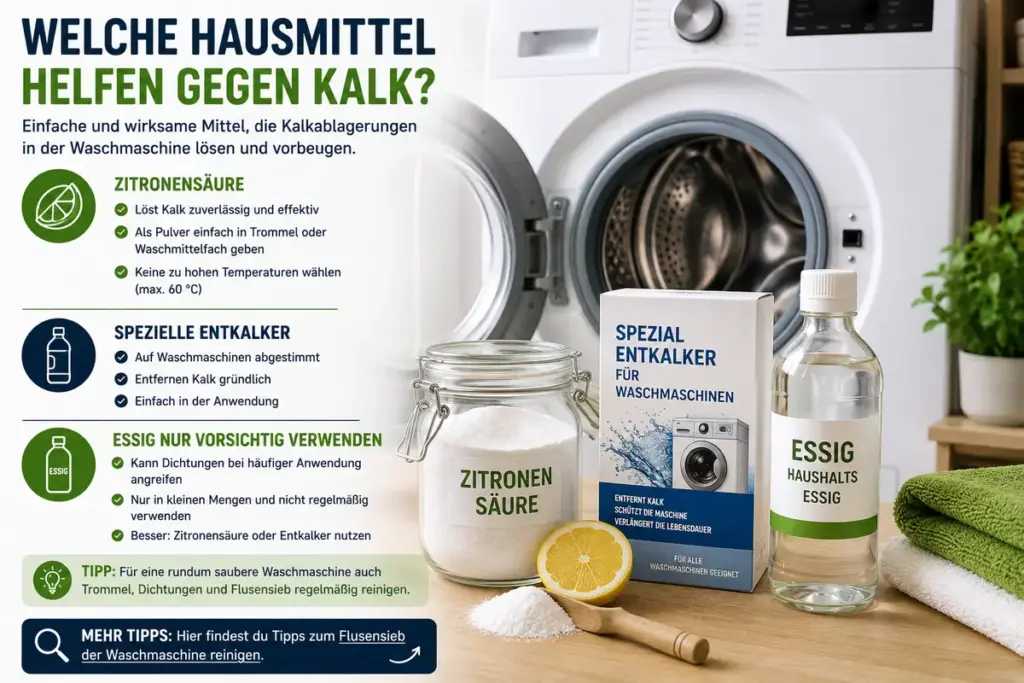 waschmaschine entkalken mit zitronensaeure entkalker und reinigungsmitteln neben moderner waschmaschine gegen kalkablagerungen

