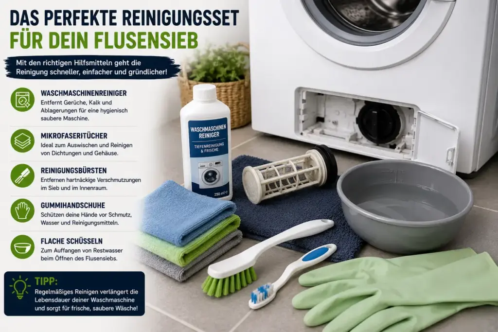 flusensieb waschmaschine reinigen mit reinigungsset aus mikrofasertuechern buersten gummihandschuhen und waschmaschinenreiniger neben geoeffneter waschmaschine