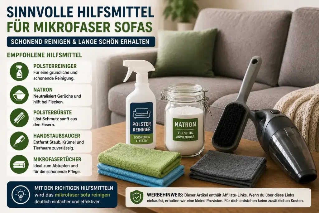 Mikrofaser Sofa reinigen mit Polsterreiniger, Natron und Mikrofasertüchern neben einem Mikrofaser Sofa