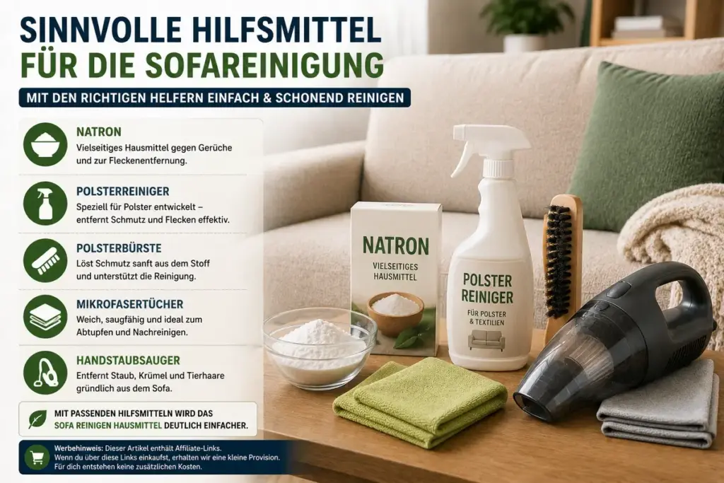 Sofa reinigen Hausmittel mit Natron, Polsterreiniger und Mikrofasertüchern neben einem Sofa