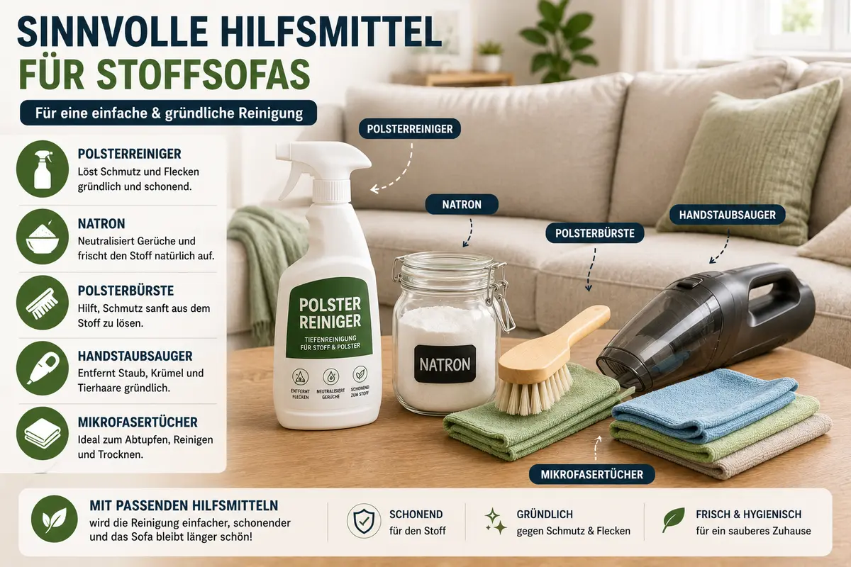 Stoffsofa reinigen mit Reinigungsset aus Polsterreiniger, Natron und Mikrofasertüchern neben Stoffsofa