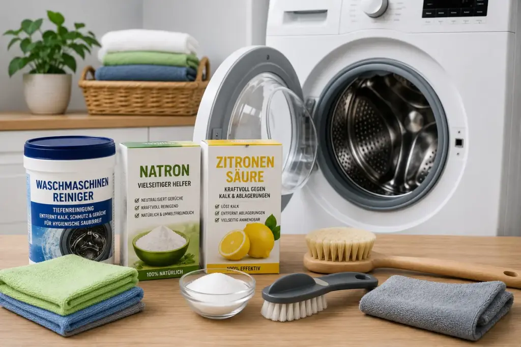 waschmaschine stinkt mit reinigungsset aus waschmaschinenreiniger natron zitronensaeure mikrofasertuechern und bürsten