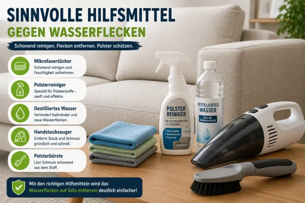 wasserflecken auf sofa entfernen mit reinigungsset aus mikrofasertuch polsterreiniger und bürste neben stoffsofa