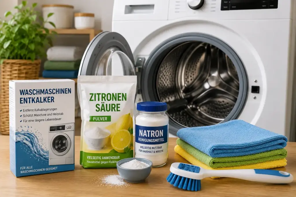 waschmaschine entkalken mit entkalker zitronensaeure natron mikrofasertuechern und reinigungsbuerste neben moderner waschmaschine
