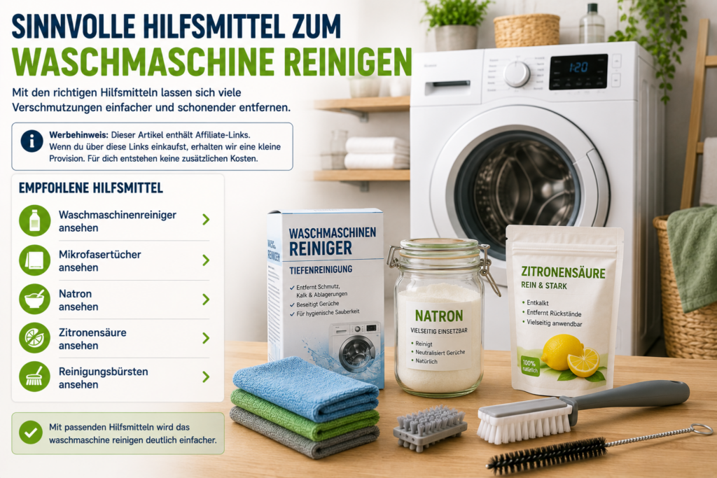 waschmaschine reinigen mit reinigungsset aus waschmaschinenreiniger natron zitronensäure mikrofasertüchern und bürsten neben waschmaschine
