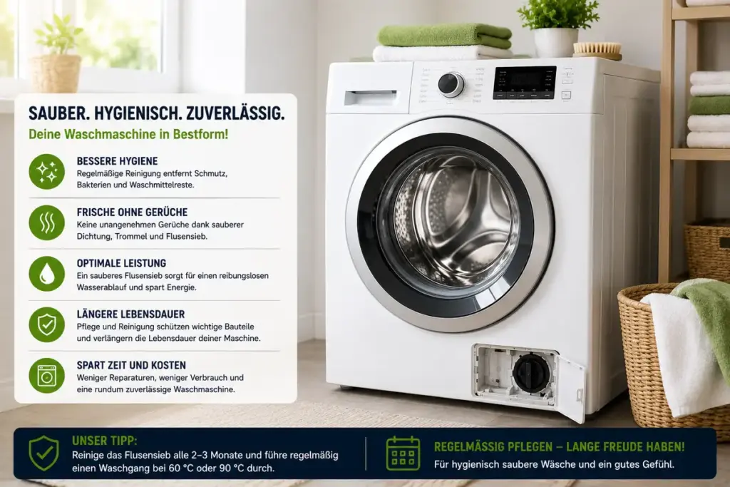 flusensieb waschmaschine reinigen mit sauberer hygienischer waschmaschine im modernen badezimmer nach erfolgreicher reinigung
