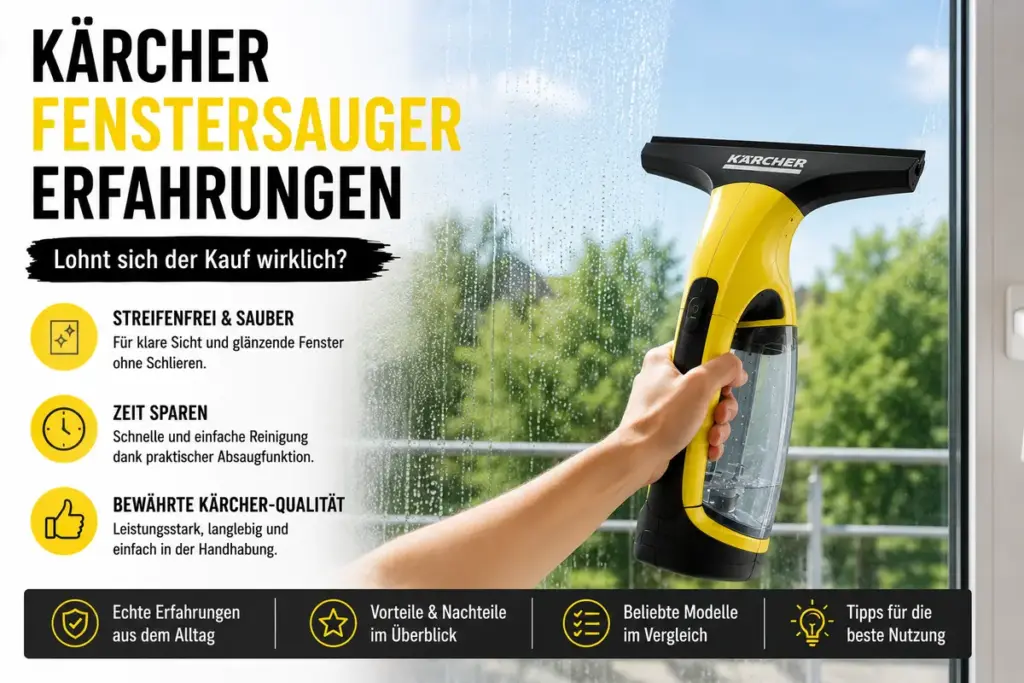 Kärcher Fenstersauger Erfahrungen mit modernem Kärcher Fenstersauger auf großer Glasscheibe im Alltagstest