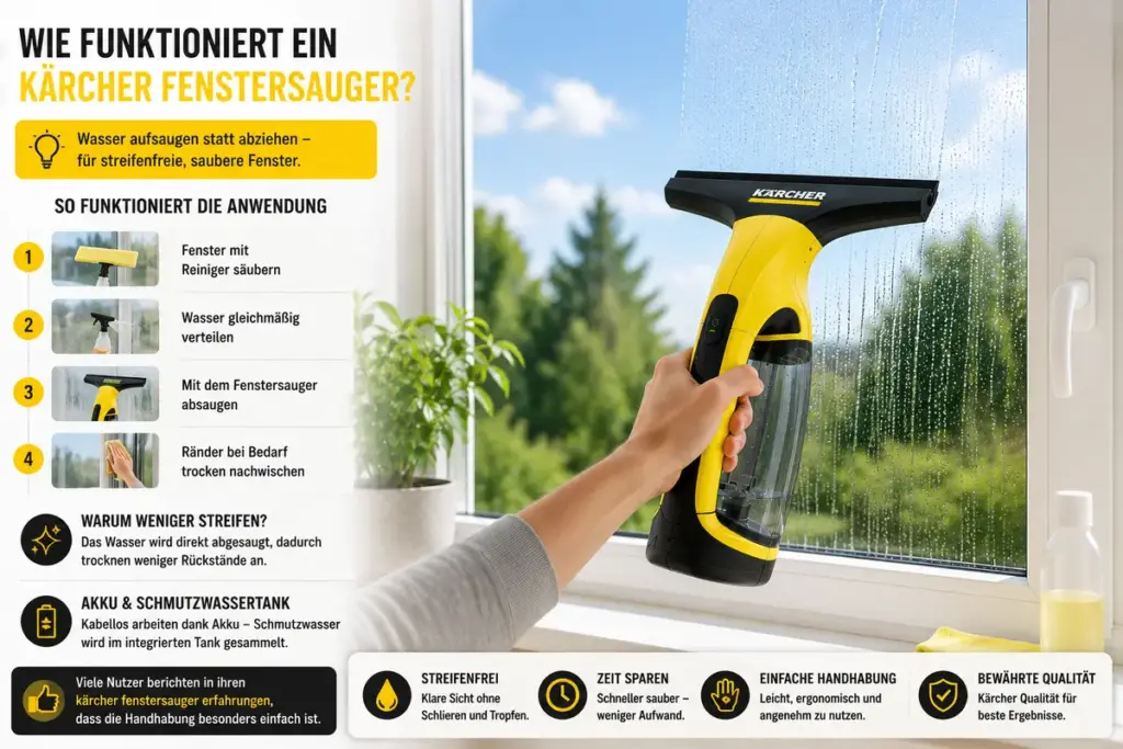 Kärcher Fenstersauger Erfahrungen zeigen Kärcher Fenstersauger beim Absaugen von Wasser auf einer Glasscheibe