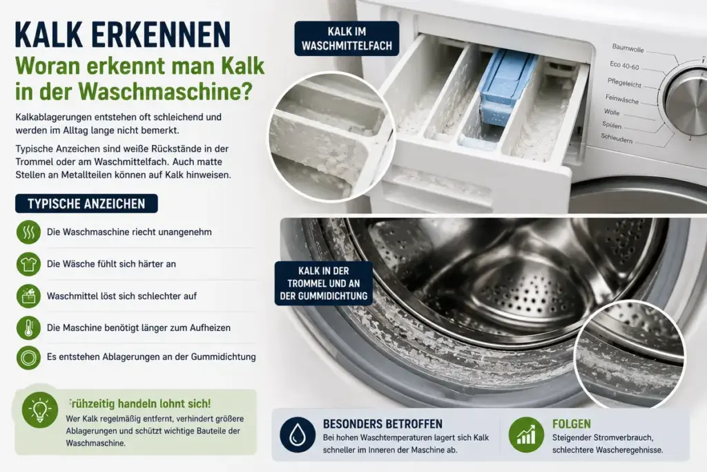 waschmaschine entkalken mit kalkablagerungen im waschmittelfach an der trommel und an der gummidichtung sowie typischen anzeichen fuer kalk in der waschmaschine