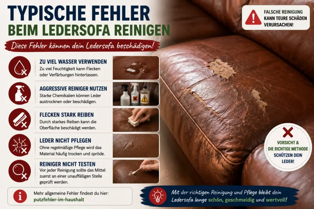 Ledersofa reinigen – beschädigtes Leder durch falsche Reinigung mit Wasser, aggressiven Reinigern und starkem Reiben