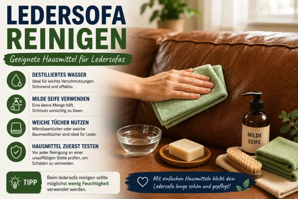 Ledersofa reinigen – Flecken auf braunem Ledersofa mit weichem Tuch und milder Reinigung schonend entfernen