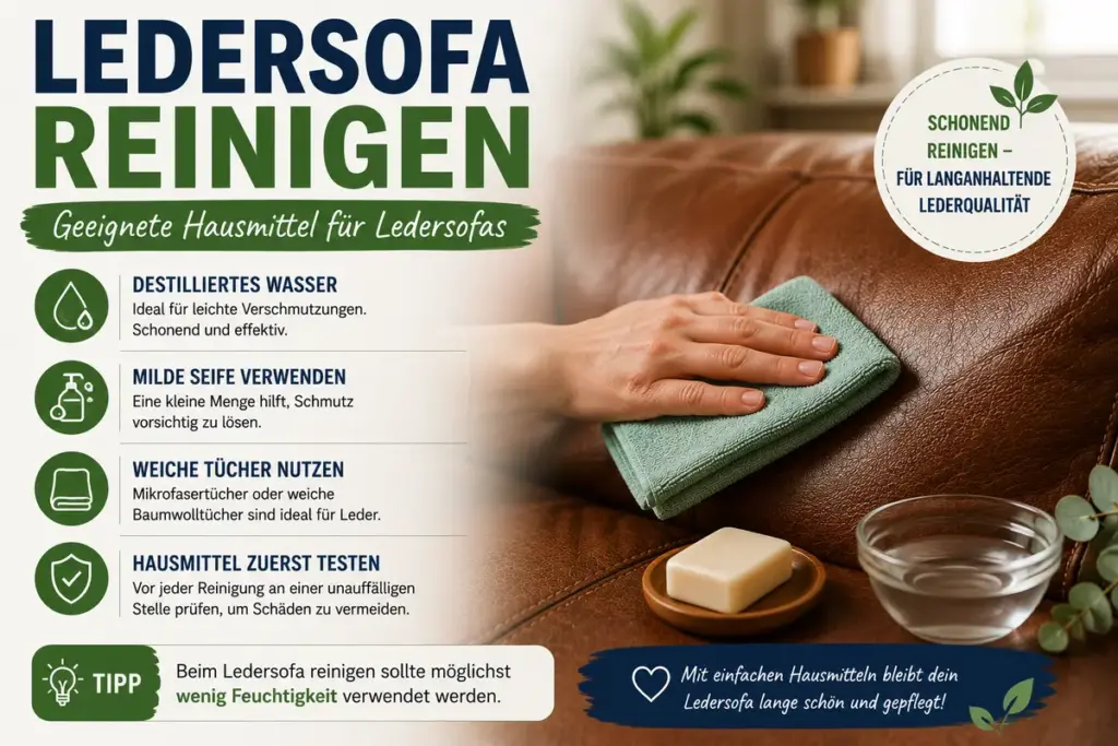 SEO-Alt-Text:
Ledersofa reinigen – Lederpflege mit weichem Tuch, milder Seife und Hausmitteln zur schonenden Reinigung