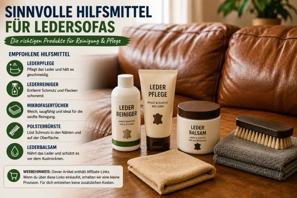 Ledersofa reinigen – Lederpflegeprodukte, Mikrofasertücher und Lederreiniger neben braunem Ledersofa zur schonenden Reinigung und Pflege