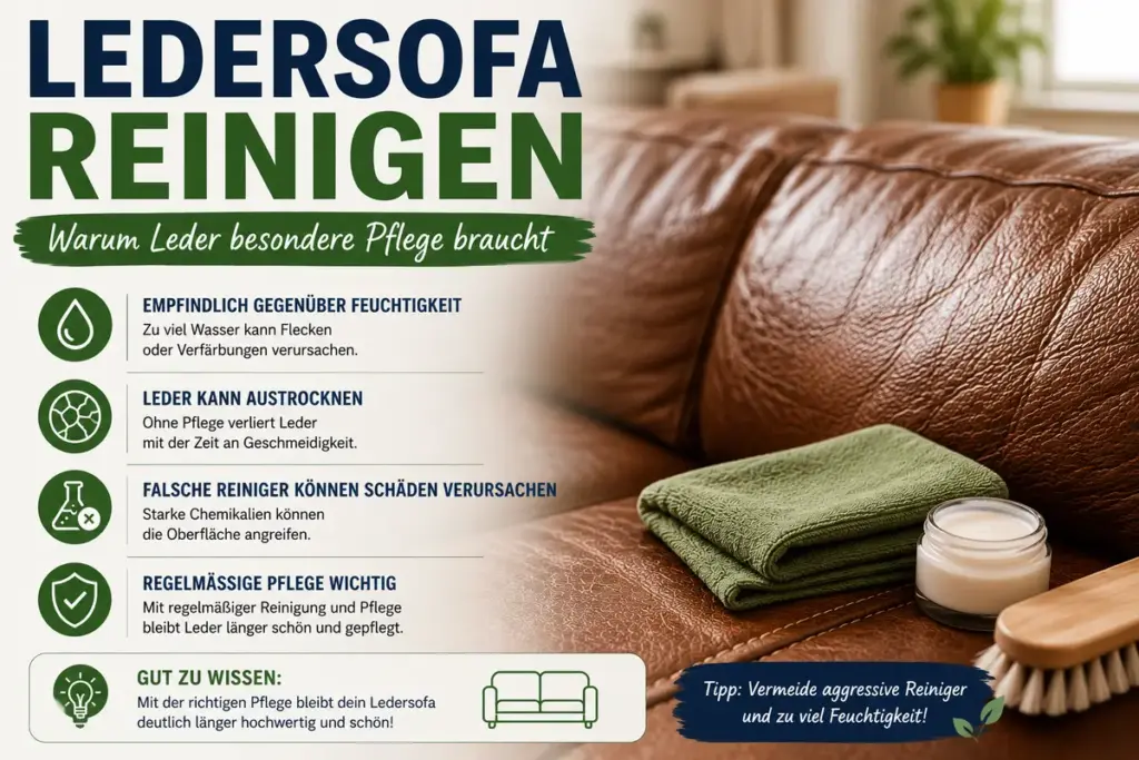 Ledersofa reinigen – Nahaufnahme von gepflegtem braunem Leder mit Tipps zur richtigen Lederpflege und Reinigung