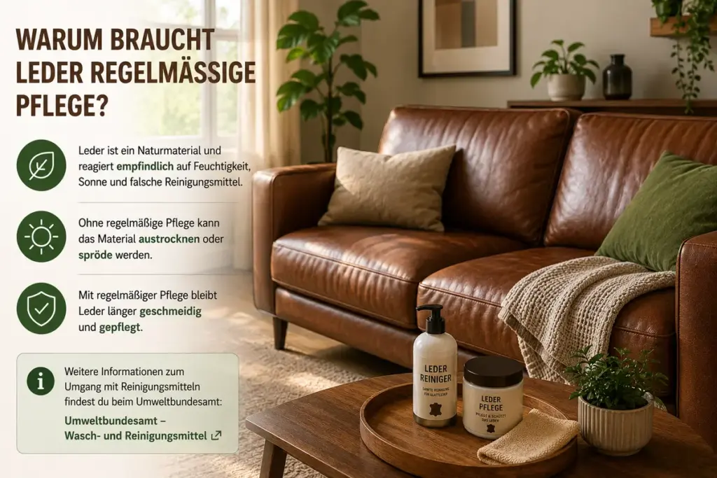 Ledersofa reinigen – gepflegtes braunes Ledersofa im Wohnzimmer mit regelmäßiger Lederpflege für geschmeidiges und langlebiges Leder