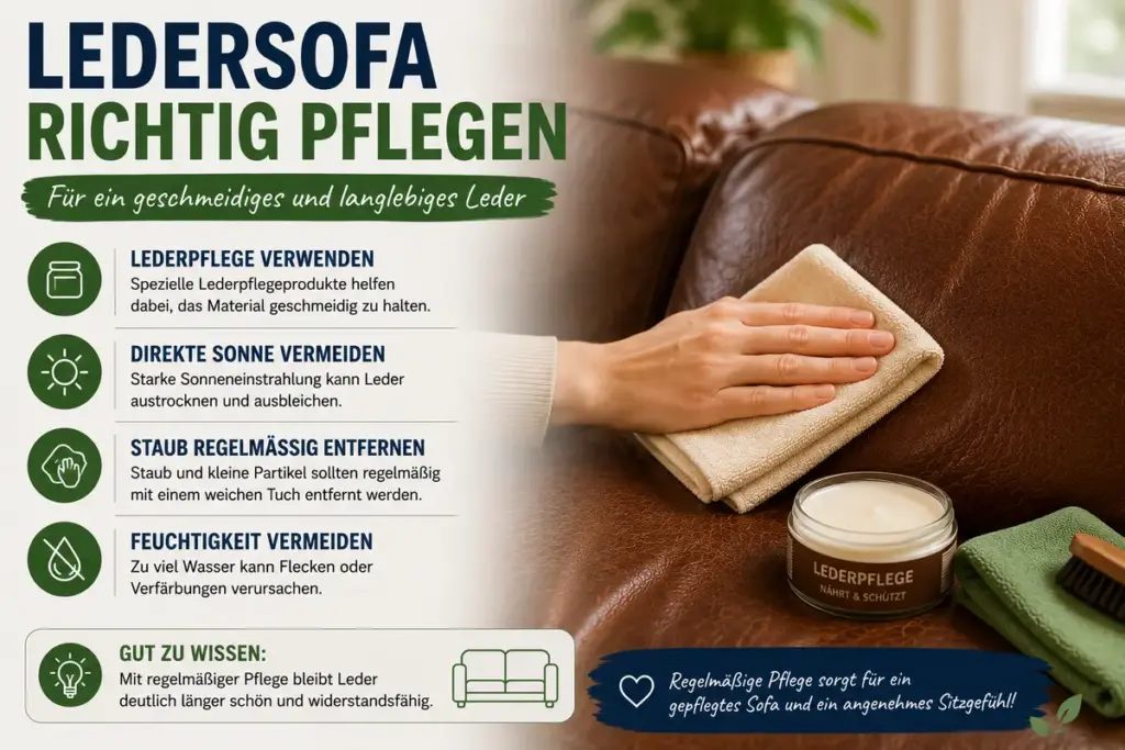 Ledersofa reinigen – gepflegtes braunes Ledersofa mit Lederpflege, weichem Tuch und Tipps zur richtigen Reinigung und Pflege