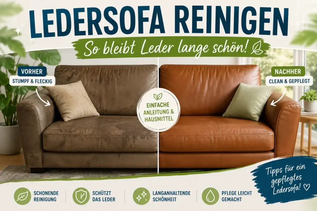 Vorher-Nachher Vergleich eines gepflegten braunen Ledersofas mit Tipps zur Lederpflege und schonenden Reinigung