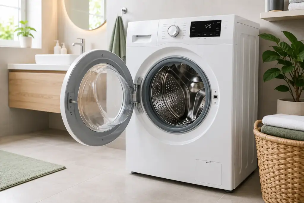 waschmaschine stinkt mit sauberer geoeffneter waschmaschine im modernen badezimmer und tipps gegen muffige gerueche