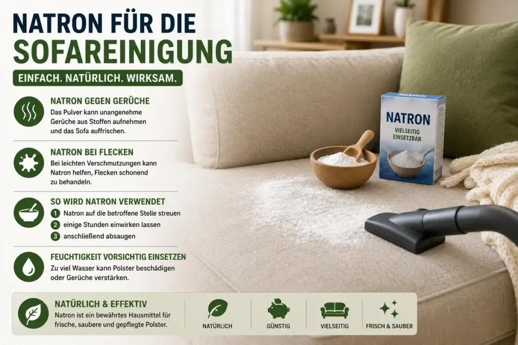 Sofa reinigen Hausmittel mit Natron auf Stoffsofa zur Entfernung von Flecken und Gerüchen