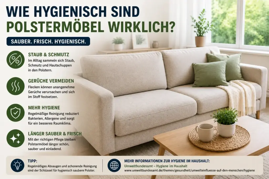 Couch Flecken entfernen und Polstermöbel hygienisch sauber halten im hellen Wohnzimmer
