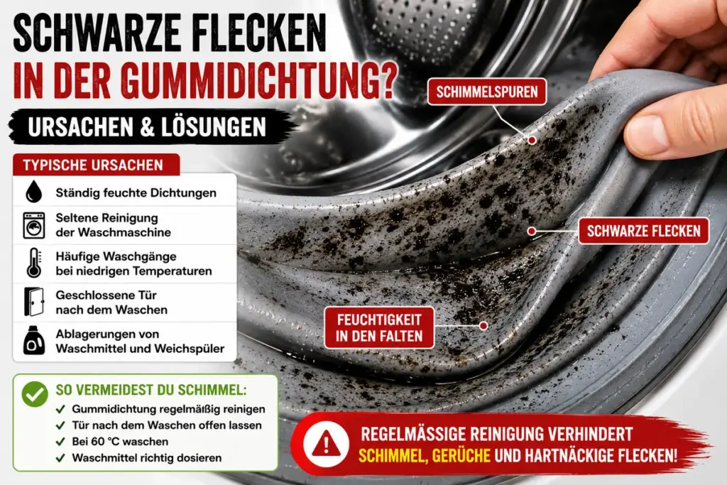 Gummidichtung Waschmaschine reinigen: Schwarze Schimmelflecken und Feuchtigkeit in den Falten einer verschmutzten Waschmaschinen-Dichtung