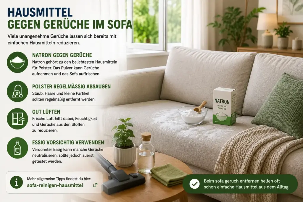 Sofa Geruch entfernen – Natron auf hellem Sofa gegen Gerüche mit Hausmitteln wie Essig, frischer Luft und regelmäßigem Absaugen