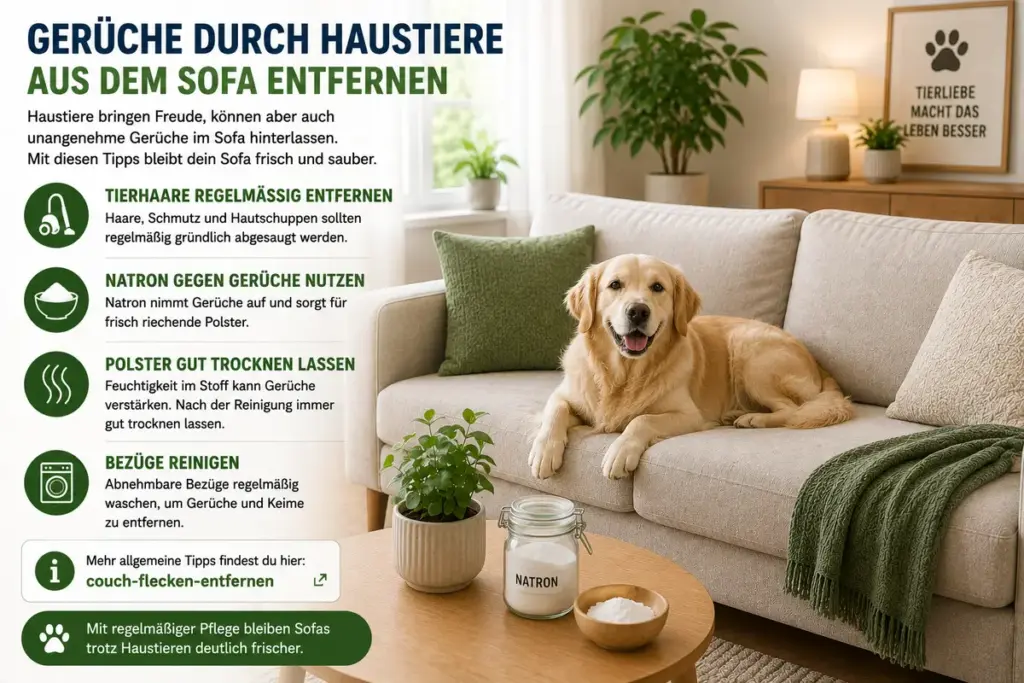 Sofa Geruch entfernen – sauberer Hund auf hellem Sofa mit Tipps gegen Haustiergerüche, Tierhaare und muffige Polster
