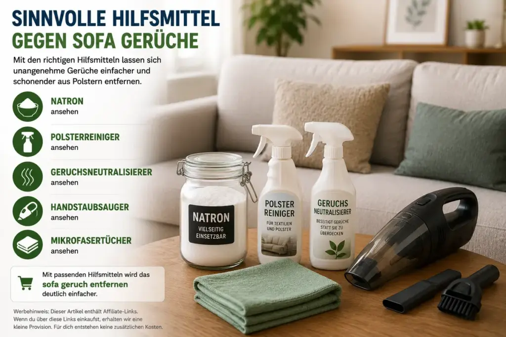 Sofa Geruch entfernen – Reinigungsset mit Natron, Geruchsneutralisierer, Polsterreiniger und Handstaubsauger neben sauberem Sofa