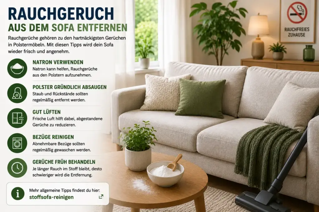 Sofa Geruch entfernen – rauchfreies Wohnzimmer mit hellem Sofa sowie Tipps gegen Rauchgeruch und abgestandene Gerüche im Polster