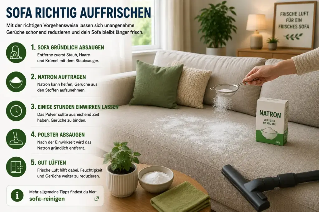 Sofa Geruch entfernen – Sofa mit Natron behandeln und Polster gründlich auffrischen gegen muffige und unangenehme Gerüche