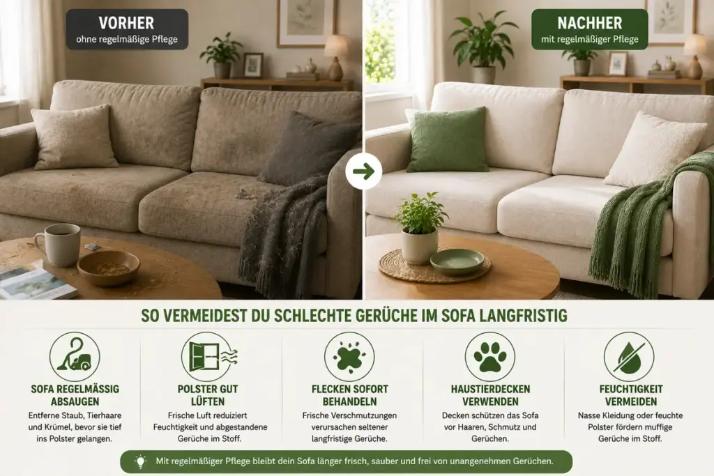 Sofa Geruch entfernen – Vorher Nachher Vergleich von ungepflegtem und frischem Sofa mit Tipps gegen langfristige Gerüche im Polster