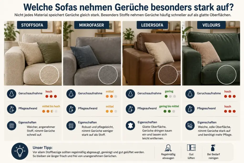 Sofa Geruch entfernen – Vergleich von Stoffsofa, Mikrofaser, Ledersofa und Velours bei Geruchsaufnahme und Pflegeaufwand