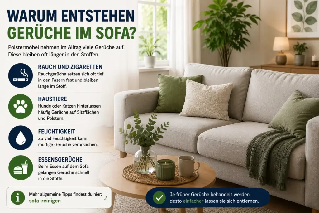 Sofa Geruch entfernen – frisches Wohnzimmer mit sauberem Sofa und Ursachen für Gerüche durch Rauch, Haustiere, Feuchtigkeit und Essen