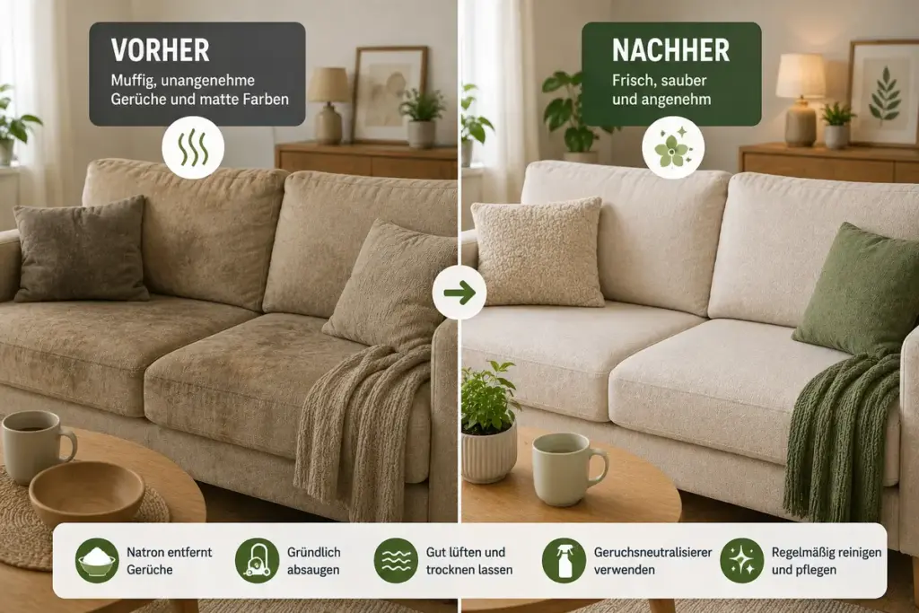 Sofa Geruch entfernen – Vorher Nachher Vergleich von muffigem Sofa und frischem sauberem Sofa nach der Reinigung und Geruchsentfernung