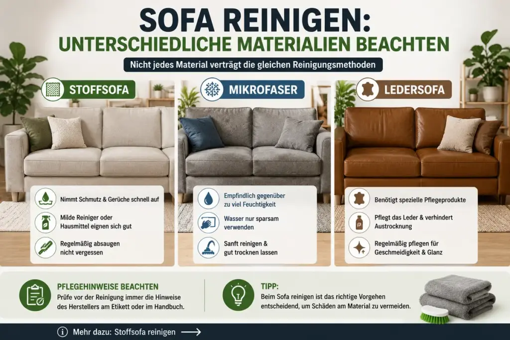 Sofa reinigen mit Vergleich von Stoffsofa, Mikrofaser Sofa und Ledersofa im Wohnzimmer