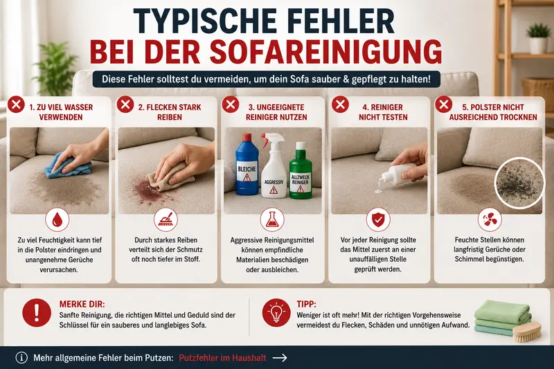 Sofa reinigen mit typischen Fehlern wie zu viel Wasser und falscher Reinigung eines Stoffsofas