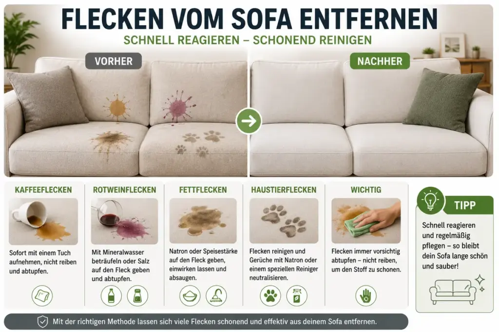 Sofa reinigen vorher nachher Vergleich mit entfernten Flecken auf einem Stoffsofa