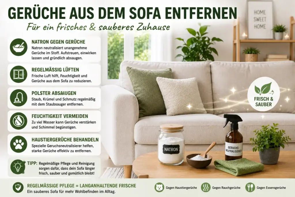 Sofa reinigen und Gerüche entfernen mit Natron in einem frischen Wohnzimmer mit sauberem Sofa