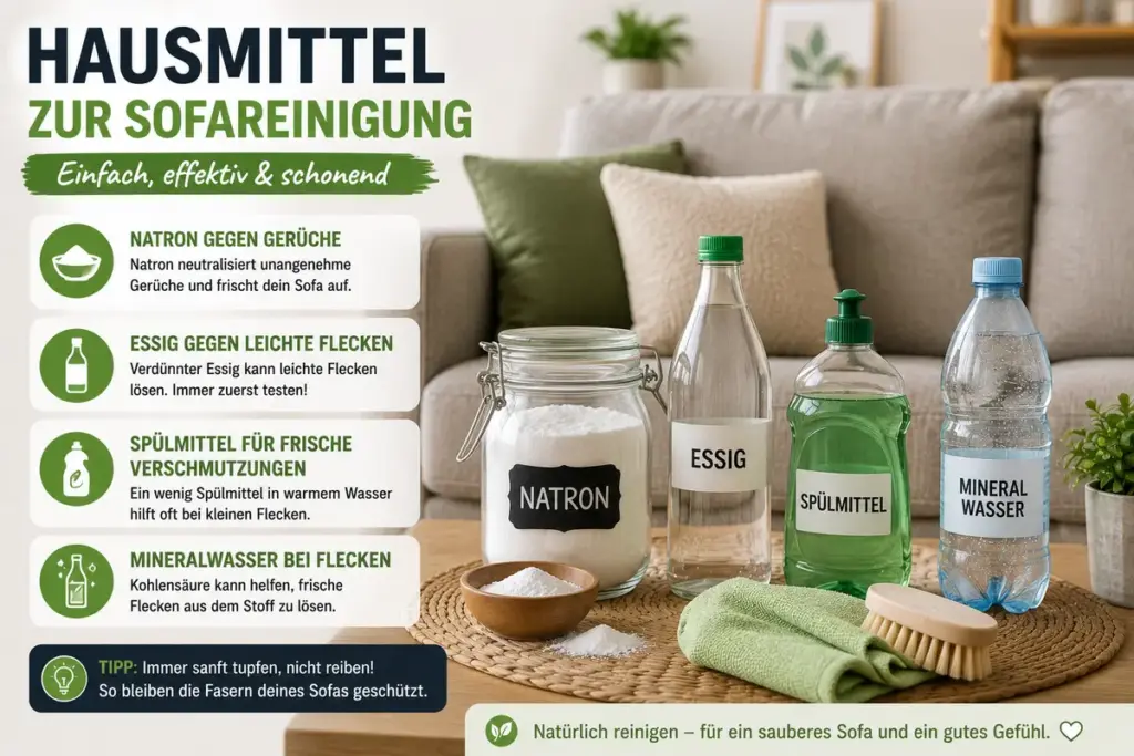 Sofa reinigen mit Hausmitteln wie Natron, Essig und Spülmittel neben einem Stoffsofa