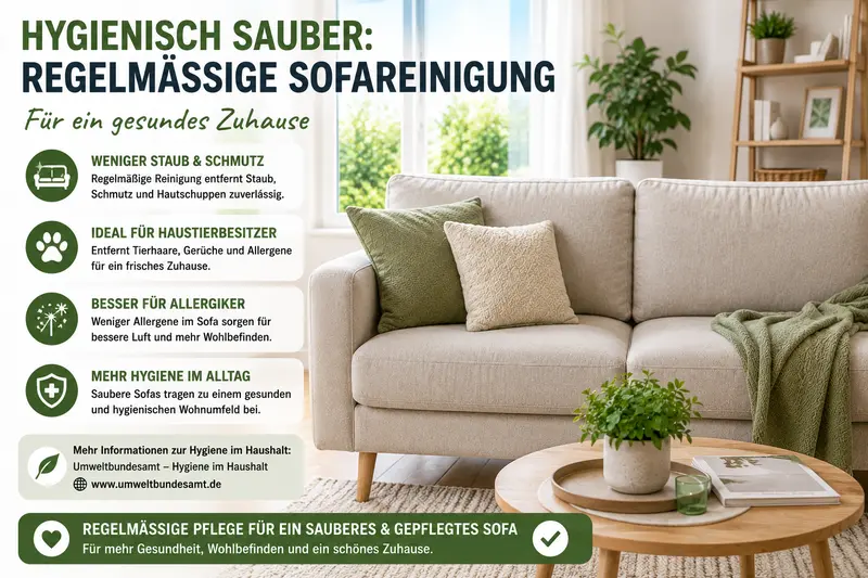 Stoffsofa reinigen vorher nachher Vergleich mit sauberem hellen Stoffsofa im Wohnzimmer