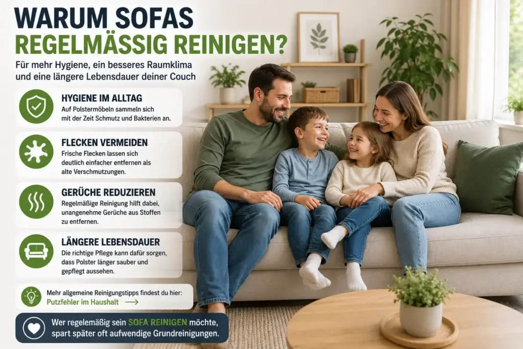Sofa reinigen im Alltag mit Familie auf sauberem Sofa im modernen Wohnzimmer