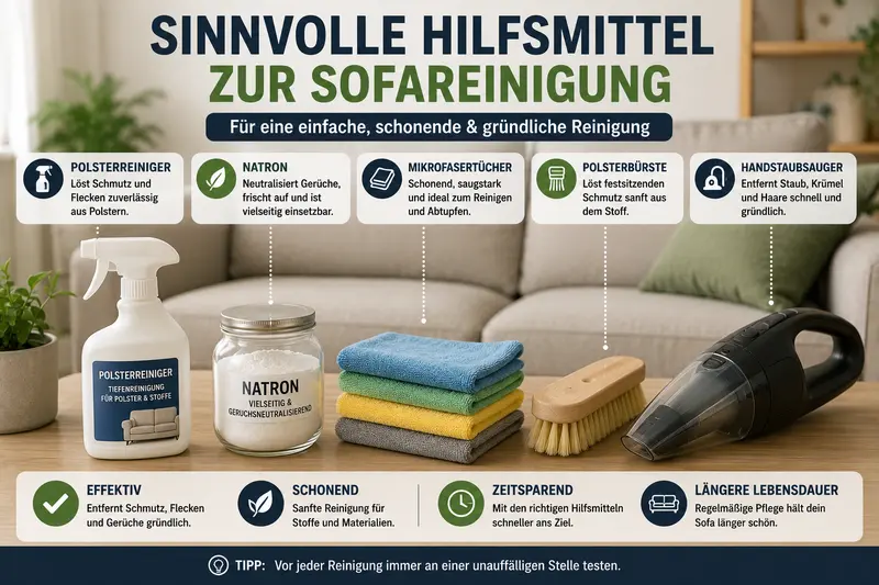 Sofa reinigen mit Zubehör wie Polsterbürste, Handstaubsauger und Mikrofasertuch