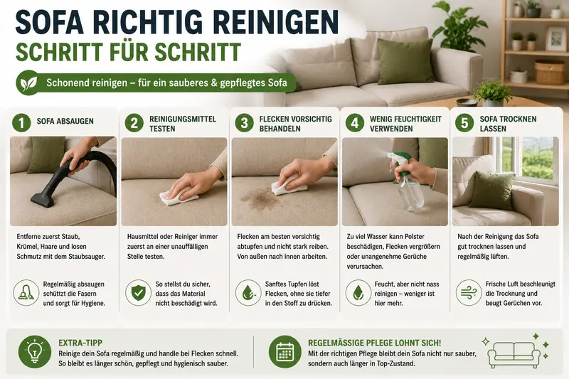 Sofa reinigen Schritt für Schritt Anleitung mit Reinigung eines Stoffsofas im Wohnzimmer