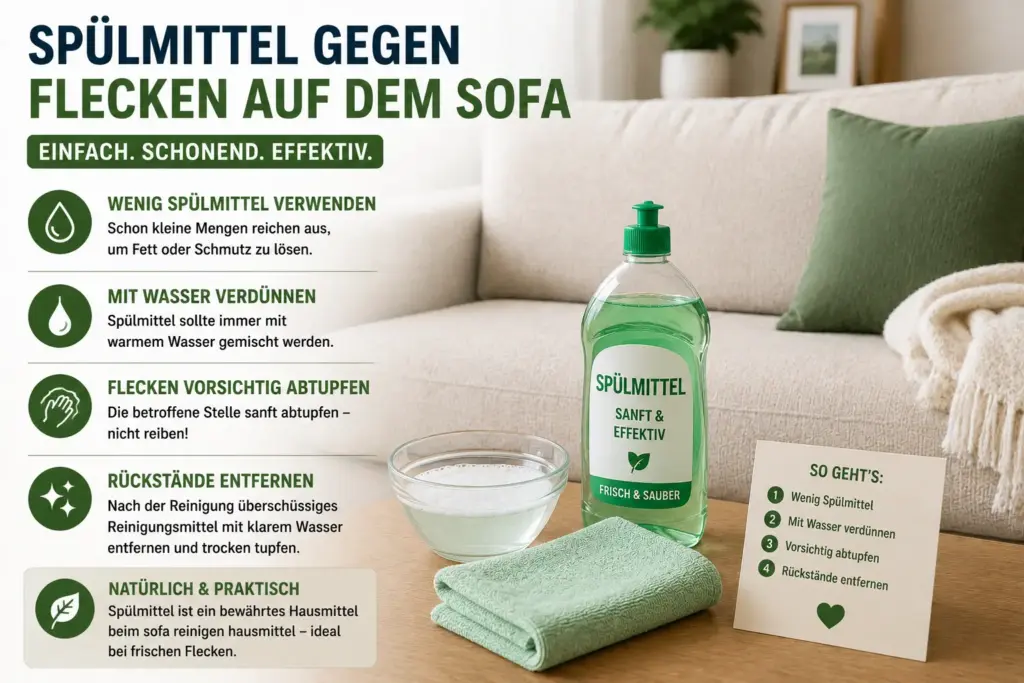 Sofa reinigen Hausmittel mit Spülmittel und Mikrofasertuch zur Entfernung frischer Flecken auf dem Sofa