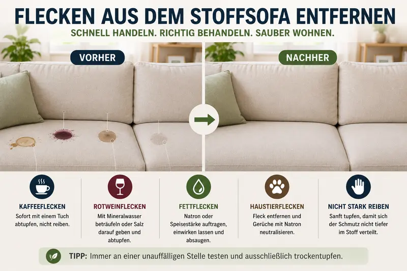 Stoffsofa reinigen vorher nachher Vergleich mit entfernten Flecken auf hellem Stoffsofa