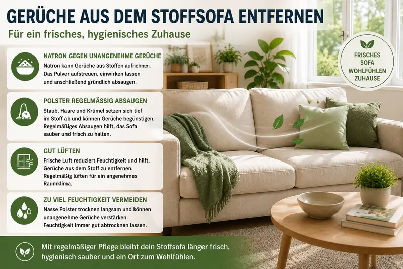 Stoffsofa reinigen und Gerüche entfernen mit frischem Stoffsofa im hellen Wohnzimmer