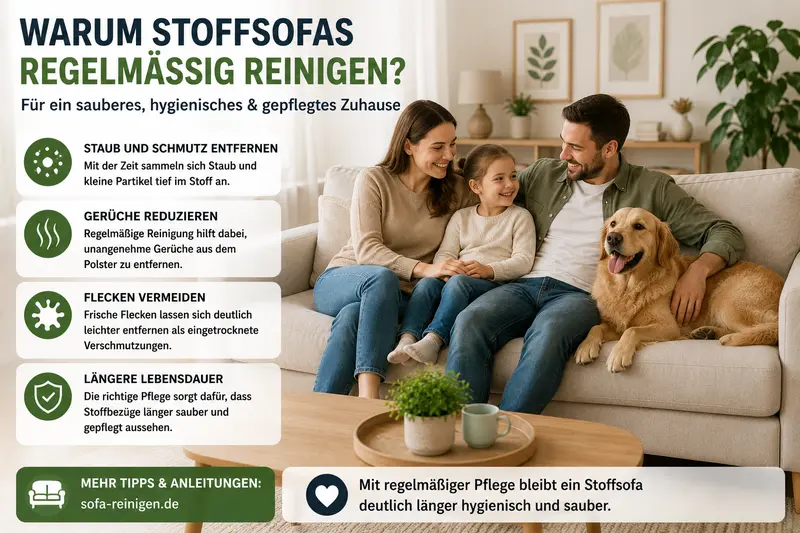Stoffsofa reinigen mit Familie auf sauberem Stoffsofa im hellen Wohnzimmer