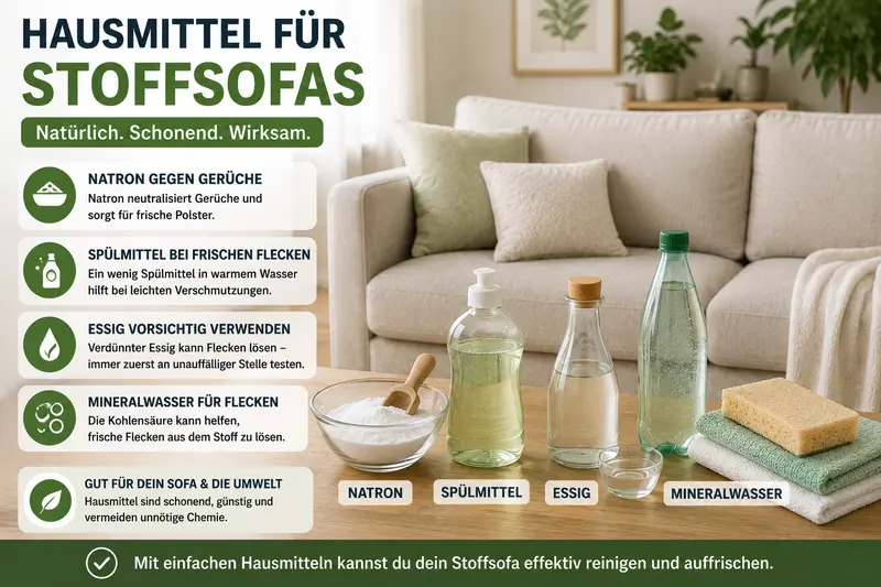 Stoffsofa reinigen mit Hausmitteln wie Natron, Essig und Spülmittel neben einem hellen Stoffsofa