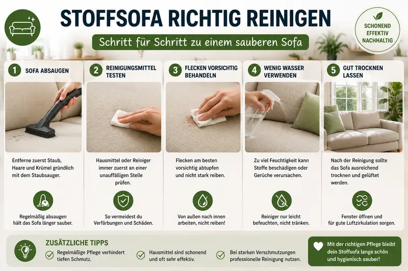 Stoffsofa reinigen Schritt für Schritt mit schonender Reinigung eines hellen Stoffsofas
